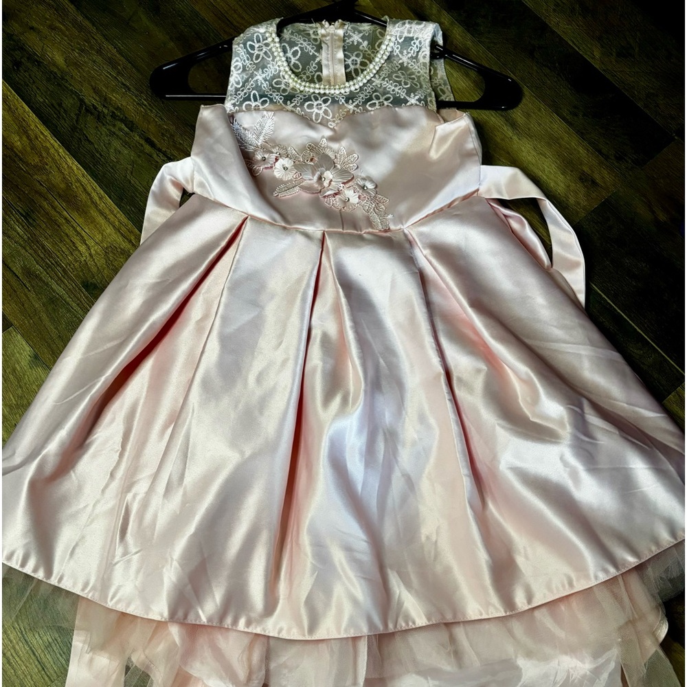 Boutique Flower Girl Dress Girls Size 7/8 Pink Flowers Pearls Straps Sleeveless